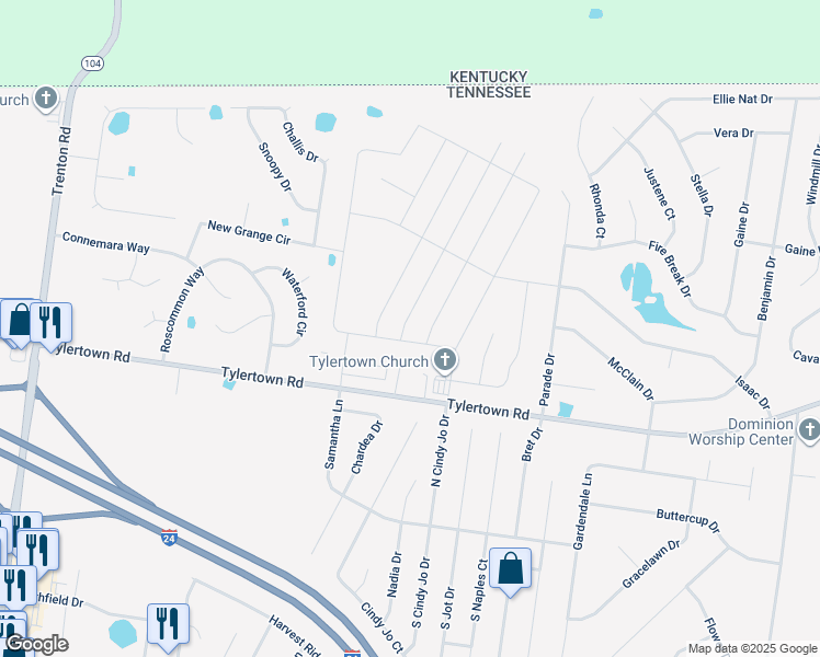 map of restaurants, bars, coffee shops, grocery stores, and more near 1317 Millet Drive in Clarksville