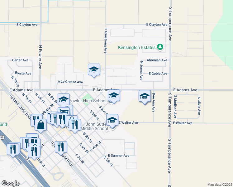 map of restaurants, bars, coffee shops, grocery stores, and more near 117 Vista Avenue in Fowler