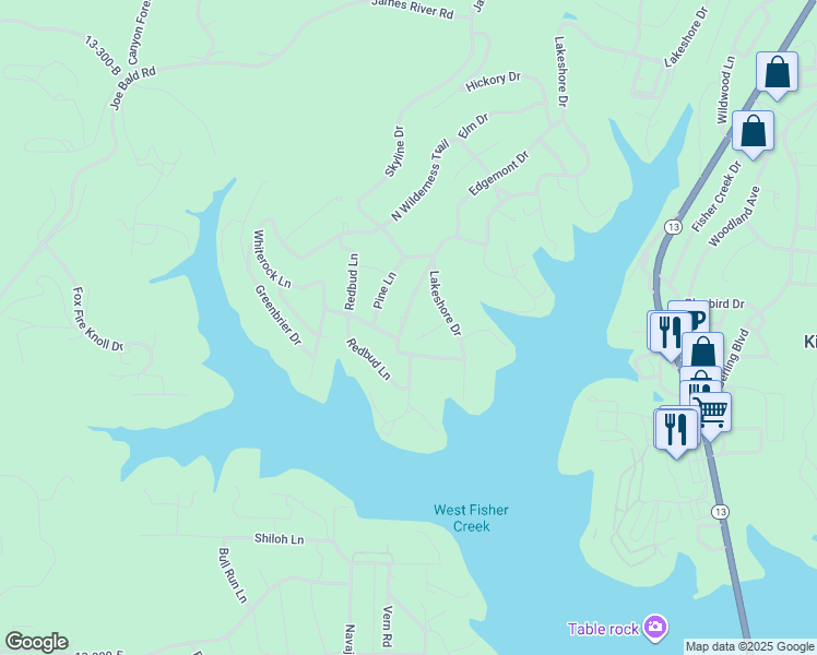 map of restaurants, bars, coffee shops, grocery stores, and more near 15 Sycamore Drive in Kimberling City