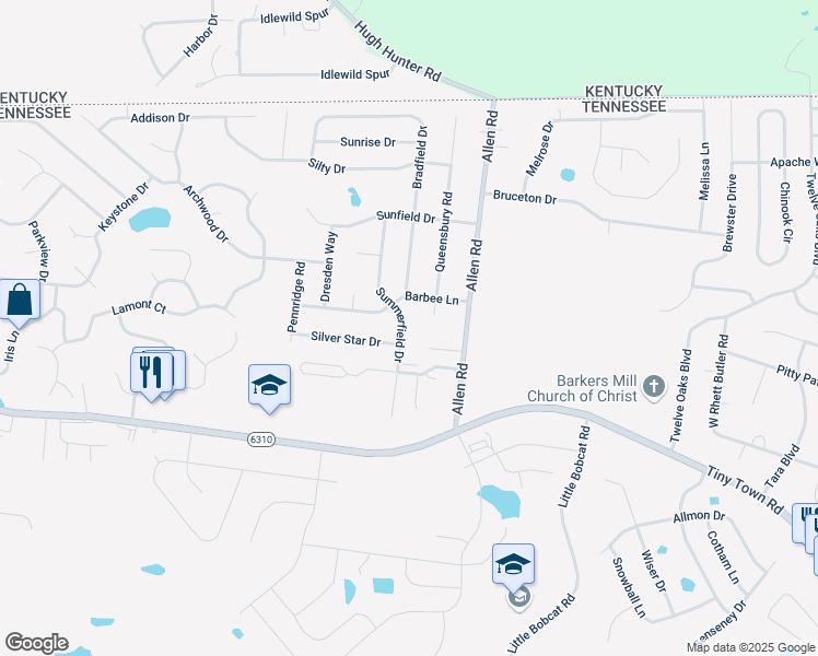 map of restaurants, bars, coffee shops, grocery stores, and more near 3381 Summerfield Drive in Clarksville