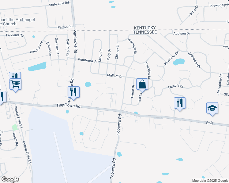 map of restaurants, bars, coffee shops, grocery stores, and more near 3301 Royster Lane in Clarksville