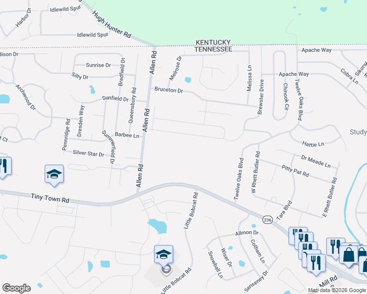 map of restaurants, bars, coffee shops, grocery stores, and more near 3405 Allen Road in Clarksville