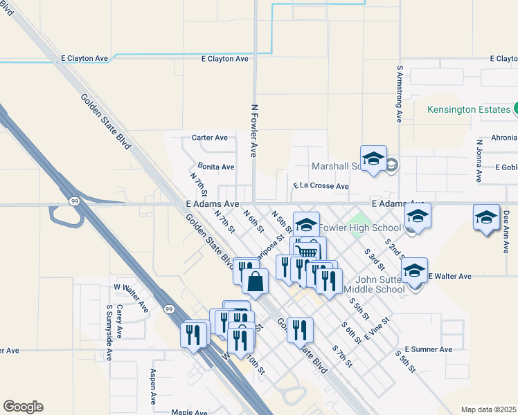map of restaurants, bars, coffee shops, grocery stores, and more near 215 East Adams Avenue in Fowler