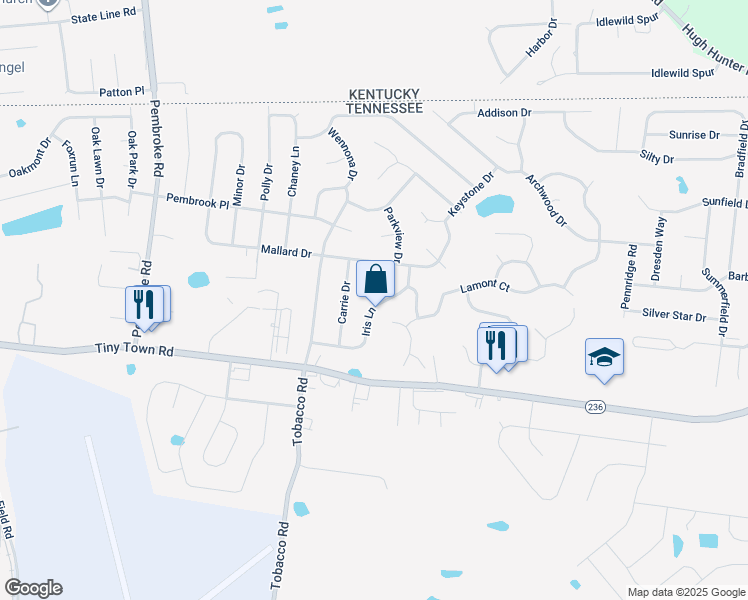 map of restaurants, bars, coffee shops, grocery stores, and more near 103 Iris Court in Clarksville