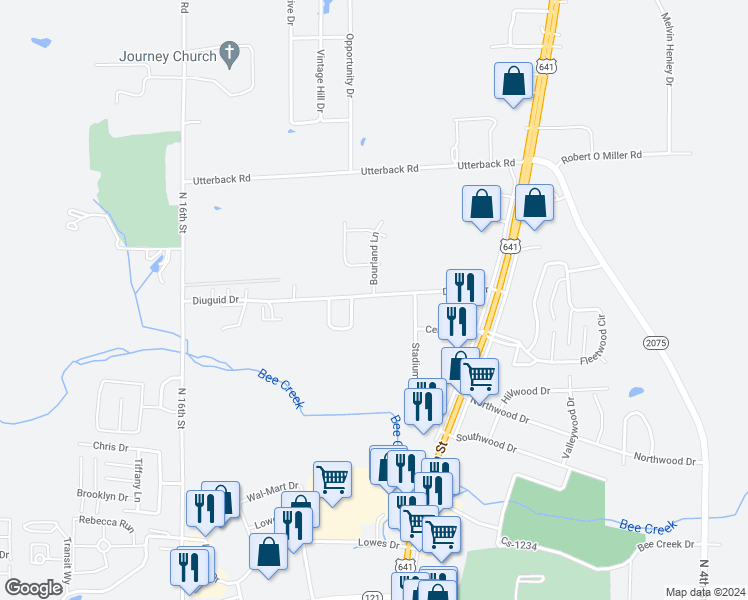 map of restaurants, bars, coffee shops, grocery stores, and more near 1320 Diuguid Drive in Murray