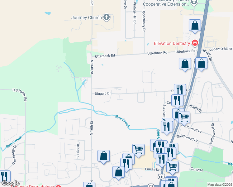 map of restaurants, bars, coffee shops, grocery stores, and more near 1530 Diuguid Drive in Murray