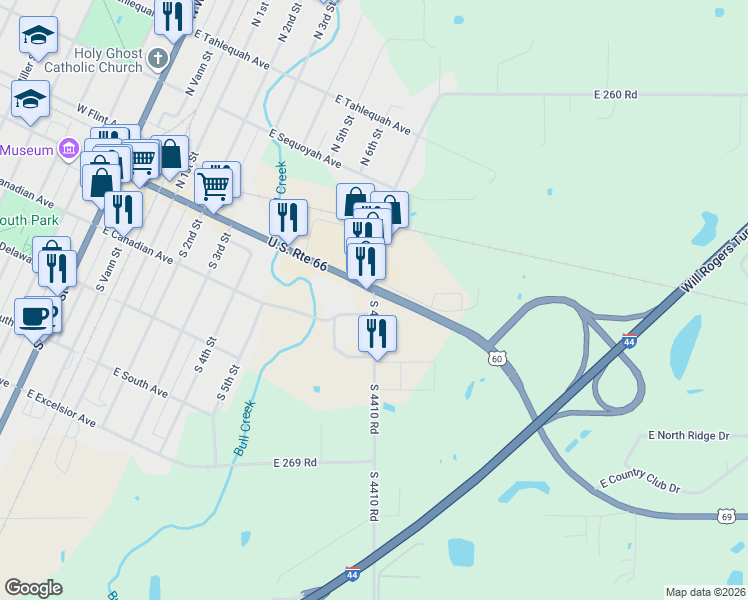 map of restaurants, bars, coffee shops, grocery stores, and more near 26912 South 7th Street in Vinita