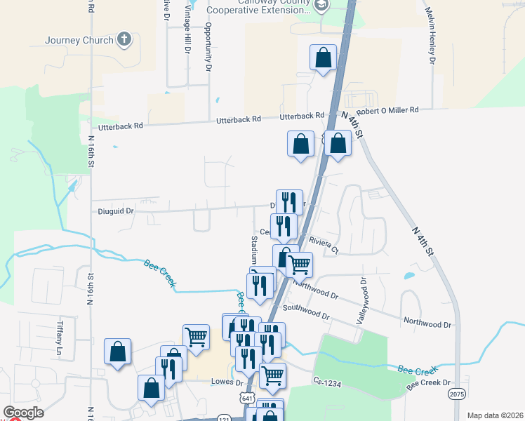 map of restaurants, bars, coffee shops, grocery stores, and more near 1217 Diuguid Drive in Murray