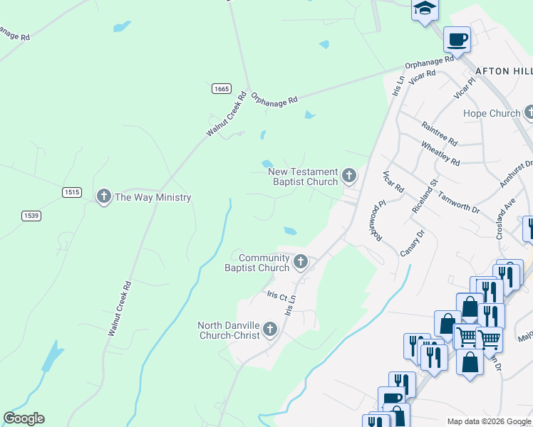map of restaurants, bars, coffee shops, grocery stores, and more near 100-122 Castle Court in Danville