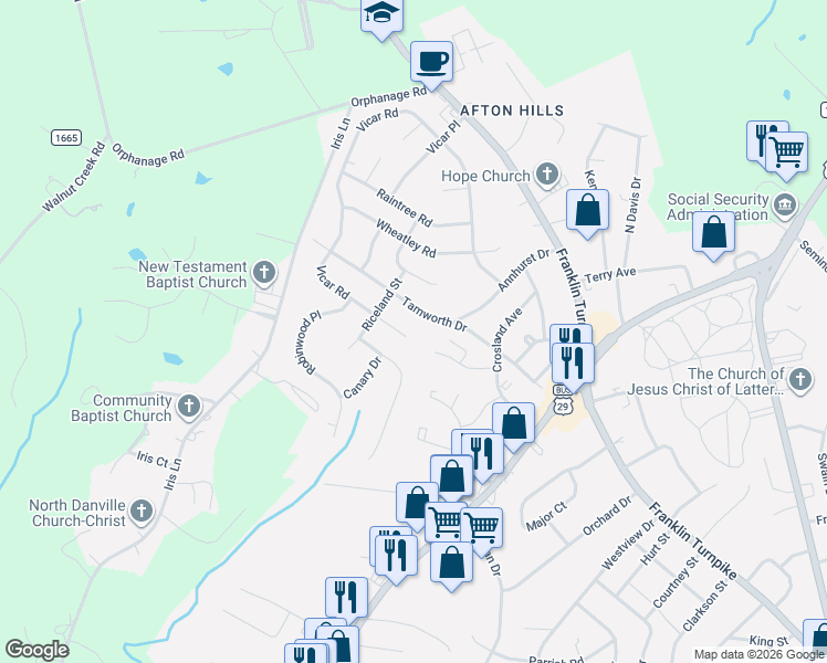 map of restaurants, bars, coffee shops, grocery stores, and more near 1233 Vicar Road in Danville