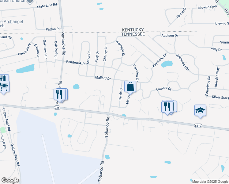 map of restaurants, bars, coffee shops, grocery stores, and more near 1121 Tobacco Road in Clarksville
