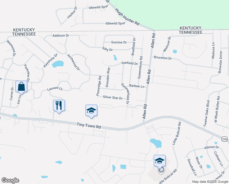 map of restaurants, bars, coffee shops, grocery stores, and more near 1274 Barbee Lane in Clarksville