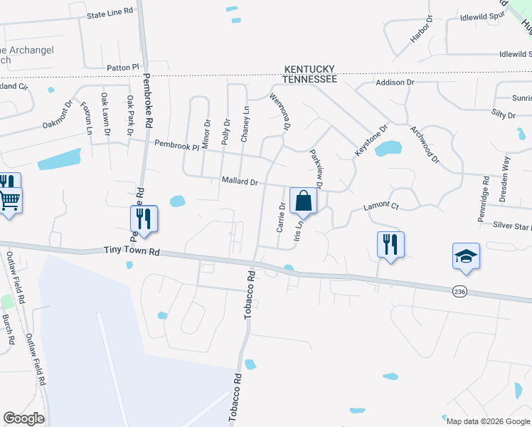 map of restaurants, bars, coffee shops, grocery stores, and more near 1121 Tobacco Road in Clarksville