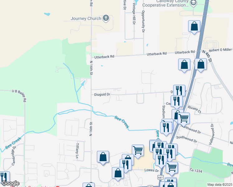 map of restaurants, bars, coffee shops, grocery stores, and more near 1530 Diuguid Drive in Murray