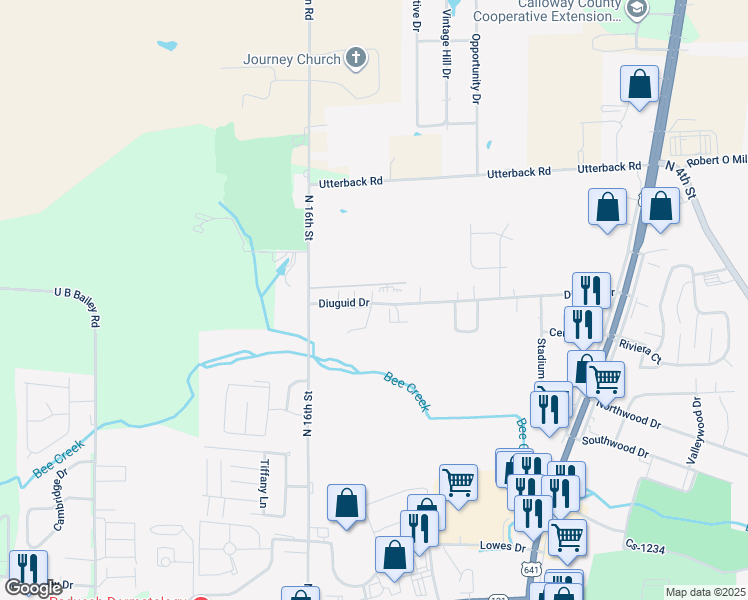 map of restaurants, bars, coffee shops, grocery stores, and more near 1530 Diuguid Drive in Murray