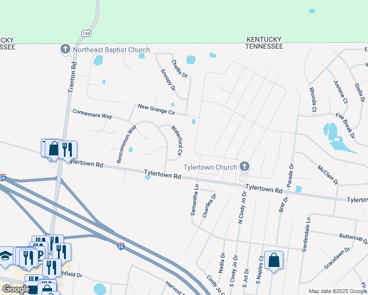 map of restaurants, bars, coffee shops, grocery stores, and more near 1027 Waterford Circle in Clarksville