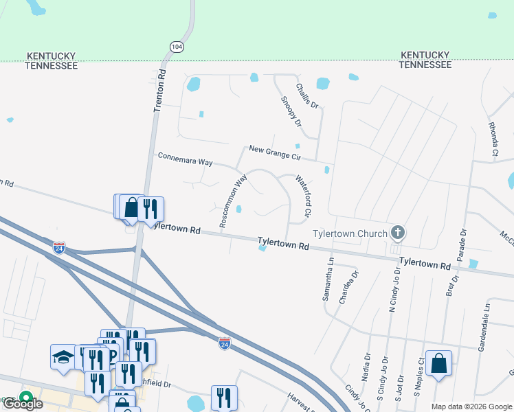 map of restaurants, bars, coffee shops, grocery stores, and more near 1075 Meshaw Trail in Clarksville