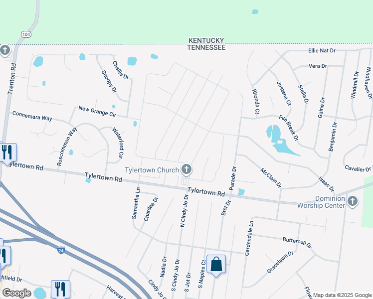 map of restaurants, bars, coffee shops, grocery stores, and more near 1317 Millet Drive in Clarksville
