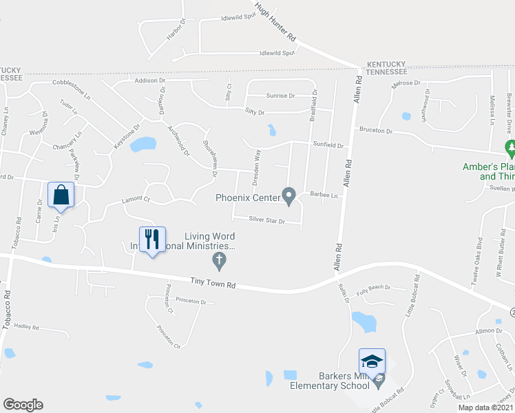 map of restaurants, bars, coffee shops, grocery stores, and more near 1266 Barbee Lane in Clarksville