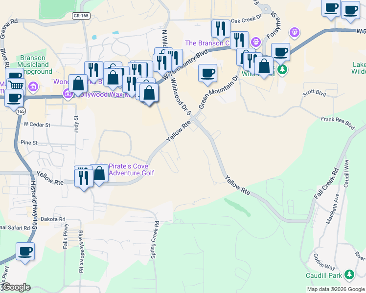 map of restaurants, bars, coffee shops, grocery stores, and more near 200 Glory Road in Branson
