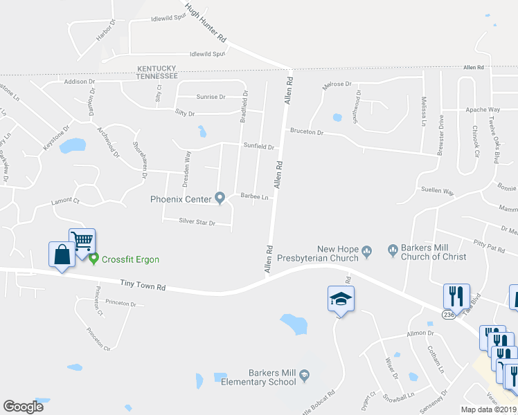 map of restaurants, bars, coffee shops, grocery stores, and more near 3383 Queensbury Road in Clarksville