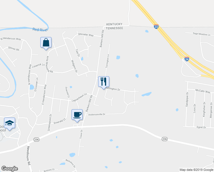 map of restaurants, bars, coffee shops, grocery stores, and more near 2537 Hattington Drive in Clarksville