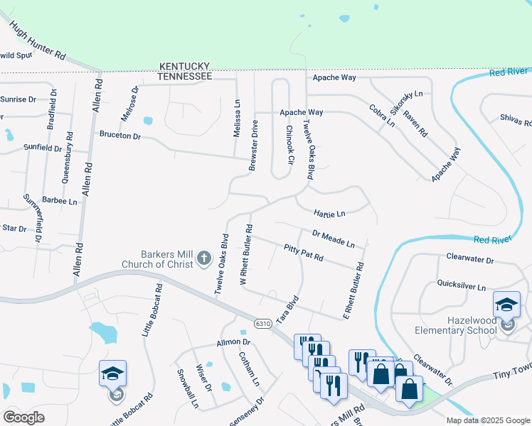 map of restaurants, bars, coffee shops, grocery stores, and more near 3197 Twelve Oaks Boulevard in Clarksville