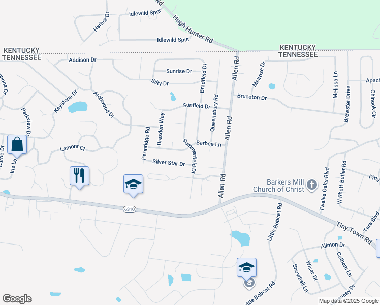 map of restaurants, bars, coffee shops, grocery stores, and more near 3384 Summerfield Drive in Clarksville