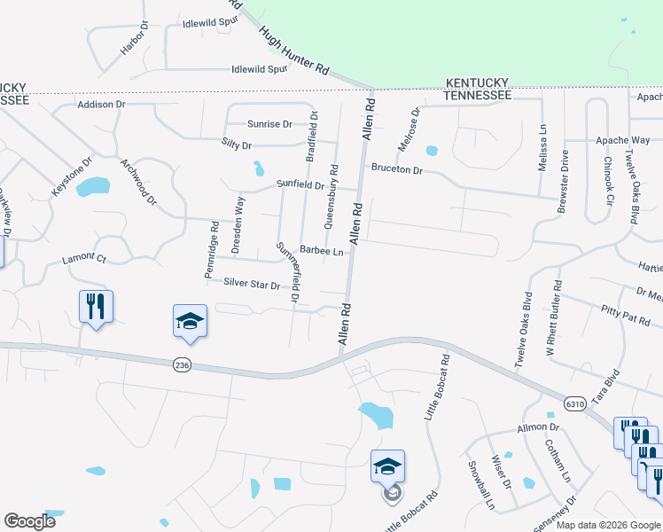 map of restaurants, bars, coffee shops, grocery stores, and more near 3383 Queensbury Road in Clarksville