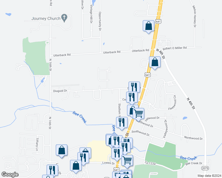 map of restaurants, bars, coffee shops, grocery stores, and more near 1320 Diuguid Drive in Murray