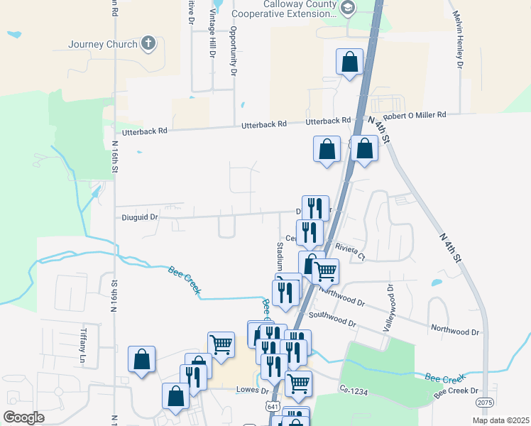 map of restaurants, bars, coffee shops, grocery stores, and more near 1320 Diuguid Drive in Murray