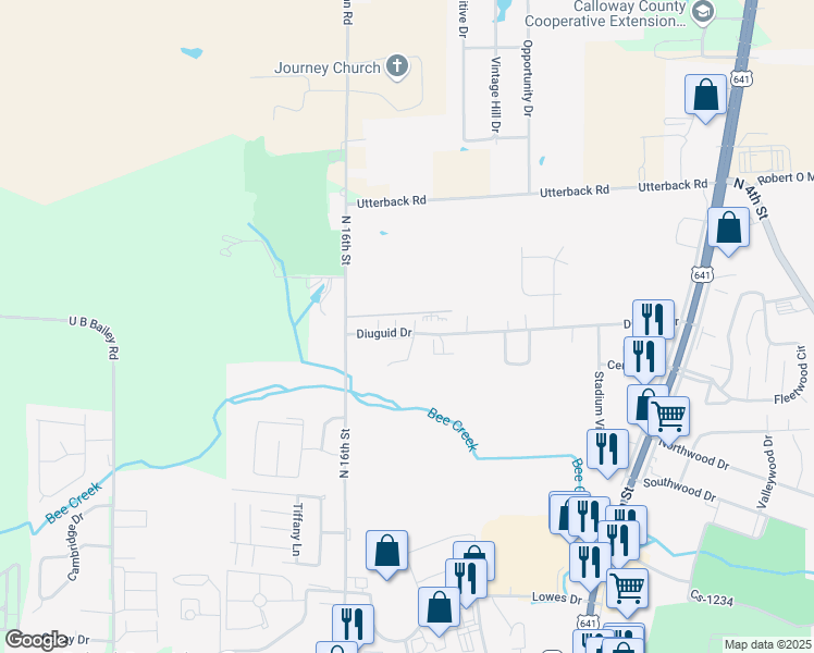 map of restaurants, bars, coffee shops, grocery stores, and more near 1530 Diuguid Drive in Murray