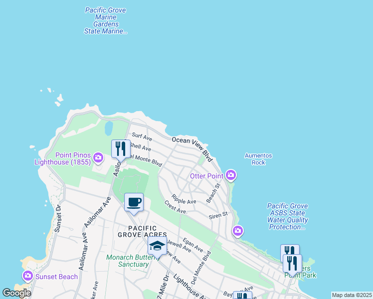 map of restaurants, bars, coffee shops, grocery stores, and more near 1129 Beacon Ave in Pacific Grove