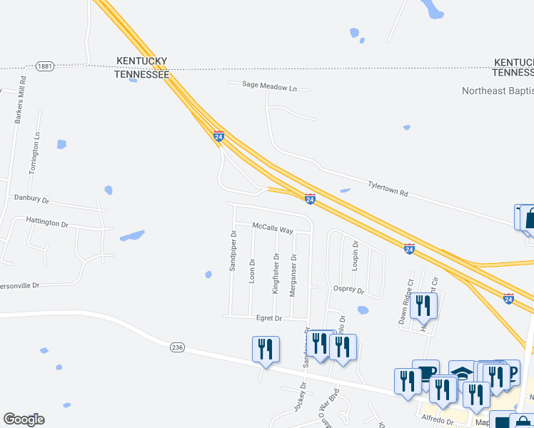 map of restaurants, bars, coffee shops, grocery stores, and more near 3494 Sandpiper Drive in Clarksville