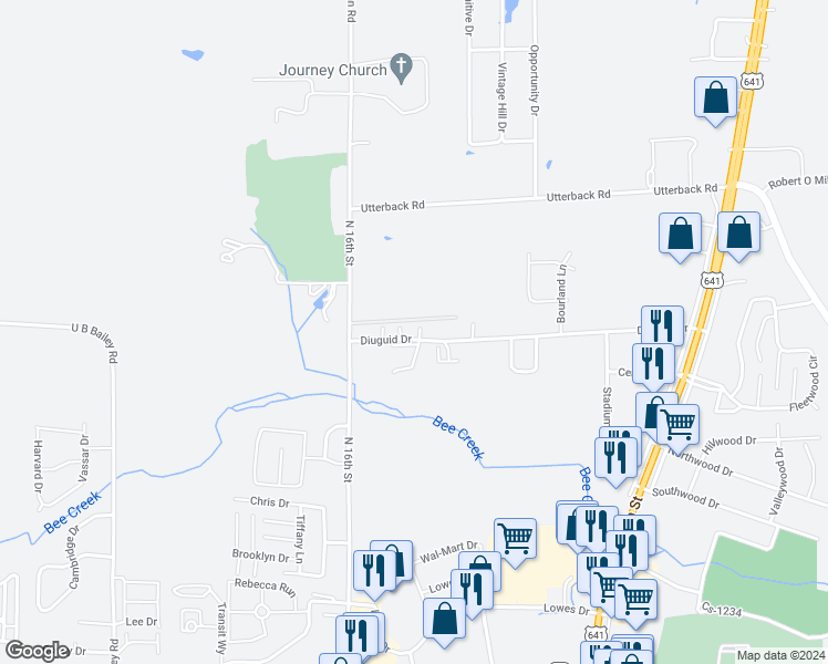map of restaurants, bars, coffee shops, grocery stores, and more near 1530 Diuguid Drive in Murray
