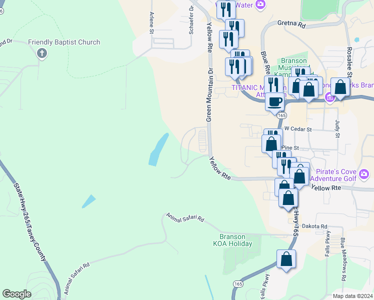 map of restaurants, bars, coffee shops, grocery stores, and more near 3 Preserve Drive in Branson
