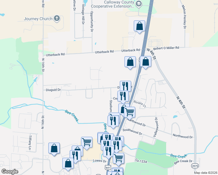 map of restaurants, bars, coffee shops, grocery stores, and more near 1217-1299 Diuguid Drive in Murray