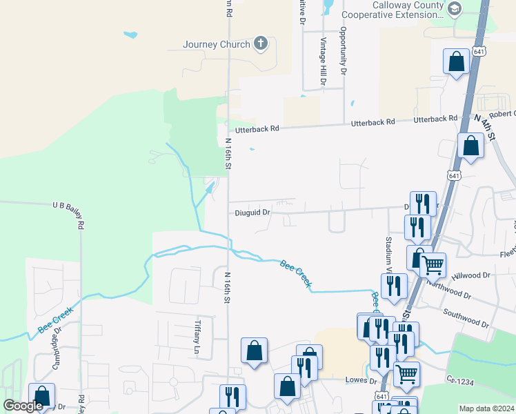 map of restaurants, bars, coffee shops, grocery stores, and more near 1544 Diuguid Drive in Murray