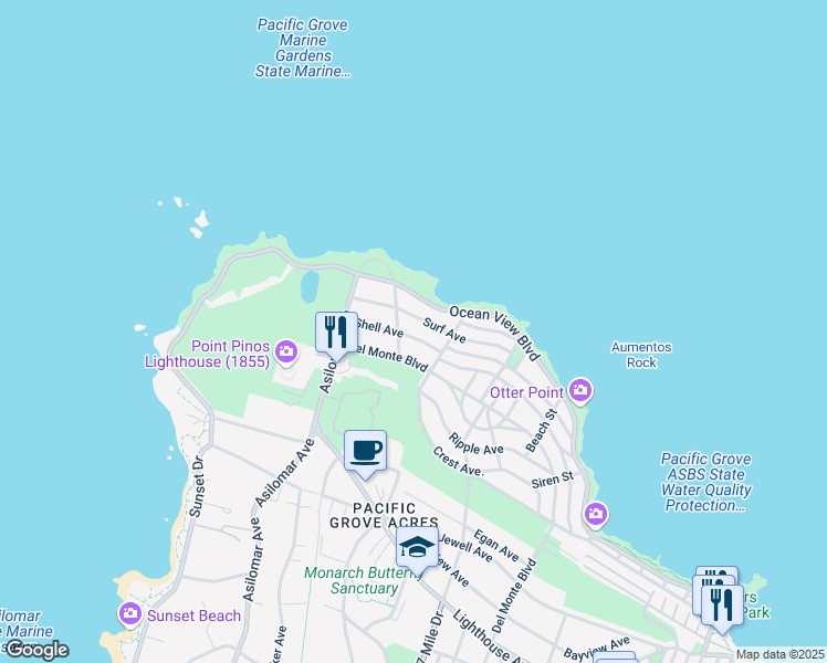 map of restaurants, bars, coffee shops, grocery stores, and more near 1226 Shell Avenue in Pacific Grove