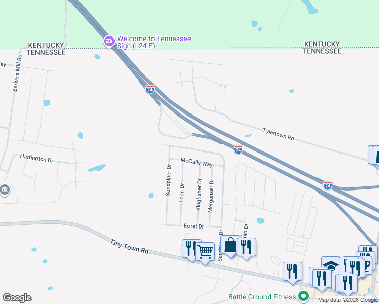map of restaurants, bars, coffee shops, grocery stores, and more near 3496 Sandpiper Drive in Clarksville