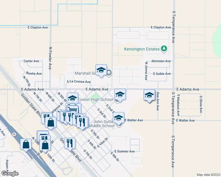 map of restaurants, bars, coffee shops, grocery stores, and more near 142 North Armstrong Avenue in Fowler