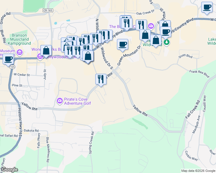 map of restaurants, bars, coffee shops, grocery stores, and more near 200 Glory Road in Branson