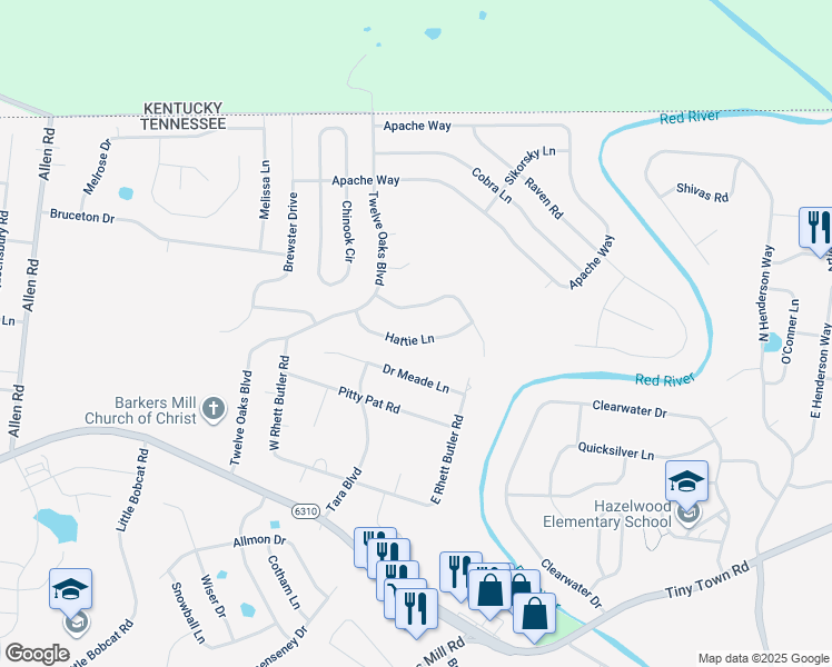 map of restaurants, bars, coffee shops, grocery stores, and more near 1525 Mammy Lane in Clarksville