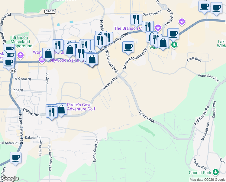 map of restaurants, bars, coffee shops, grocery stores, and more near 200 Glory Road in Branson