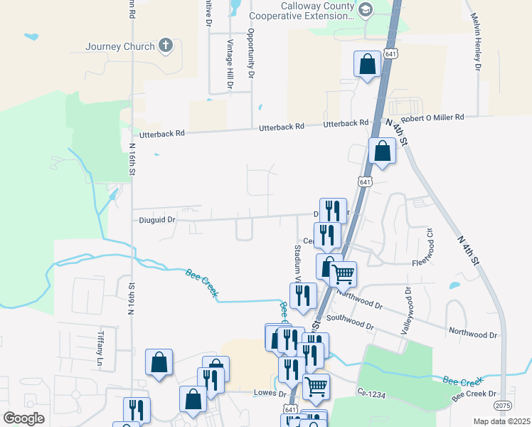 map of restaurants, bars, coffee shops, grocery stores, and more near 1320 Diuguid Drive in Murray