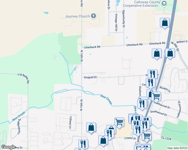 map of restaurants, bars, coffee shops, grocery stores, and more near 1530 Diuguid Drive in Murray