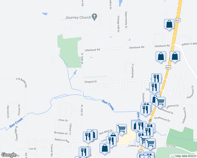 map of restaurants, bars, coffee shops, grocery stores, and more near 1510 Diuguid Drive in Murray