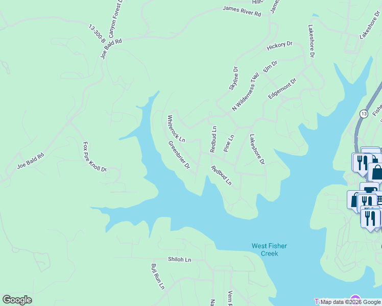 map of restaurants, bars, coffee shops, grocery stores, and more near 1-161 Hawthorn Street in Kimberling City