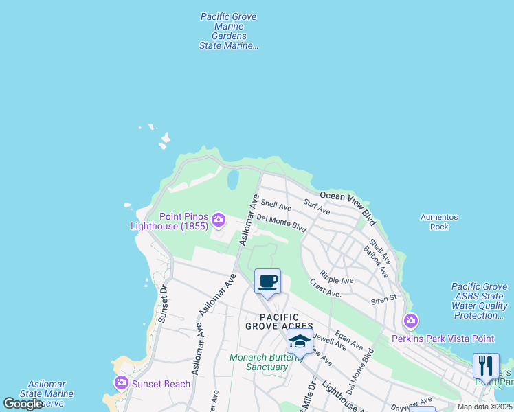 map of restaurants, bars, coffee shops, grocery stores, and more near 53 Asilomar Avenue in Pacific Grove