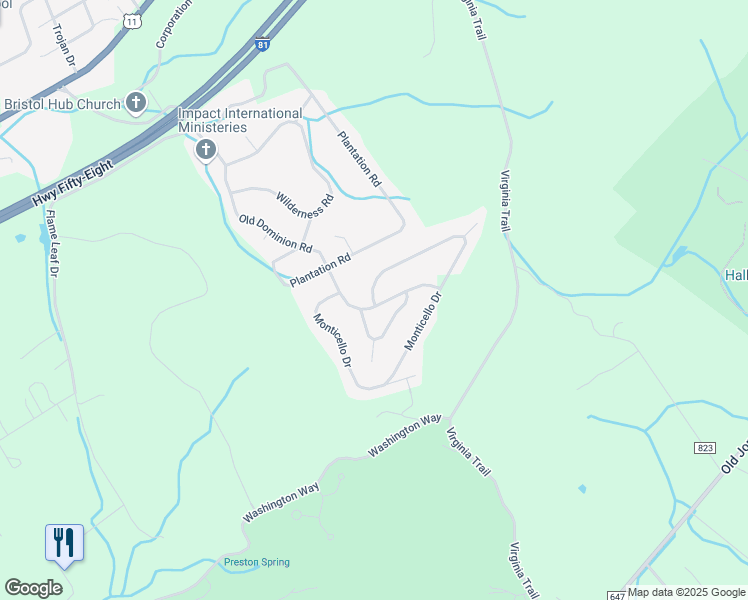 map of restaurants, bars, coffee shops, grocery stores, and more near 21801 Old Dominion Road in Bristol